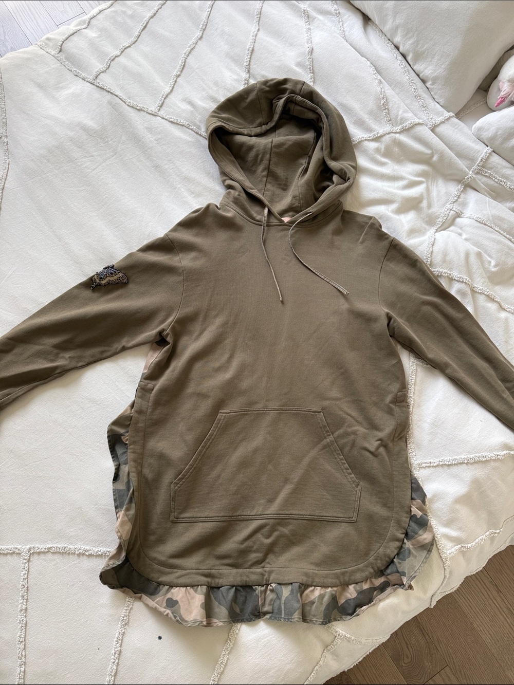 TwinSet Milano Olive Hooded Sweatshirt with Camo Ruffle Trim